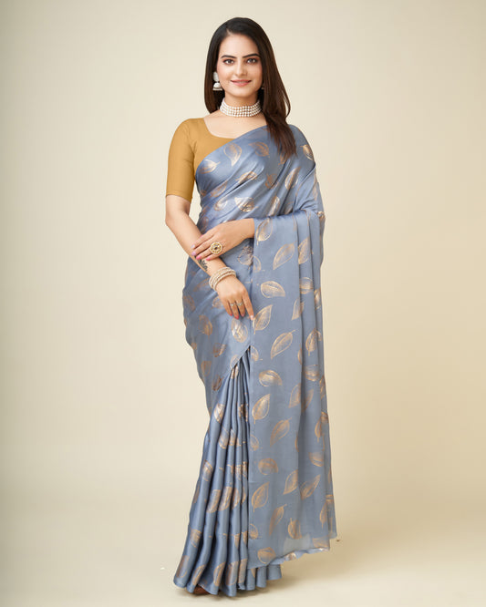 Elegant Steel Grey Silk Saree with Golden Leaf Motifs