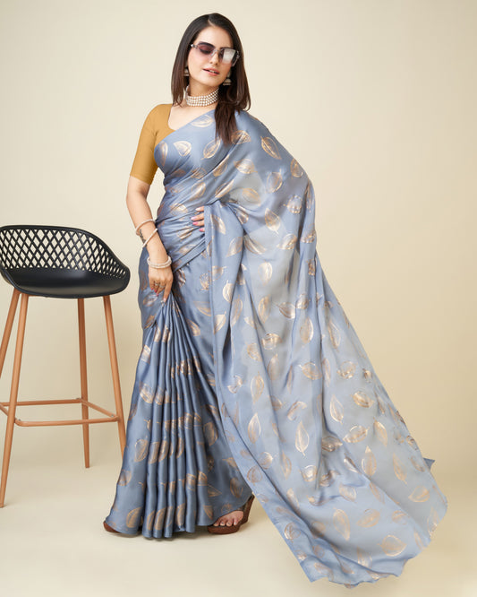 Elegant Steel Grey Silk Saree with Golden Leaf Motifs